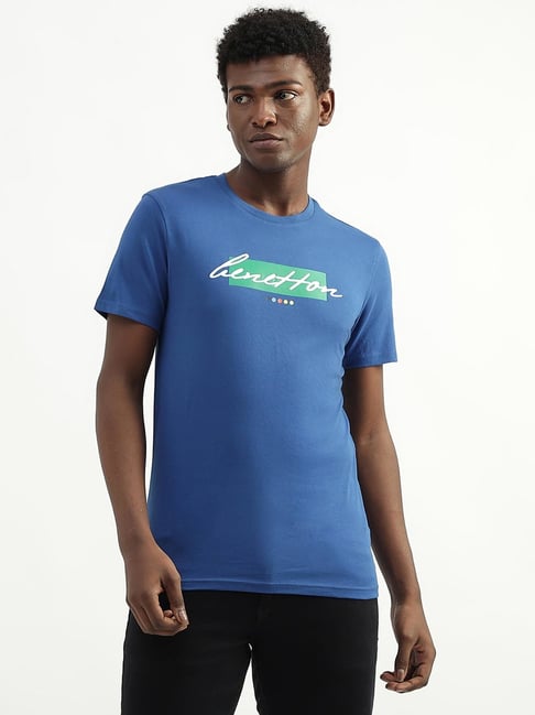 United Colors of Benetton Blue Cotton Regular Fit Printed T-Shirt