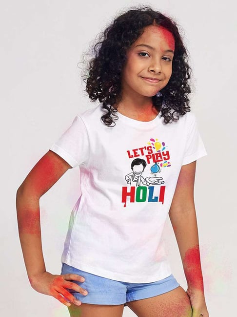 Bonkids White Cotton Lets Play Holi Printed T-Shirt-picture-45