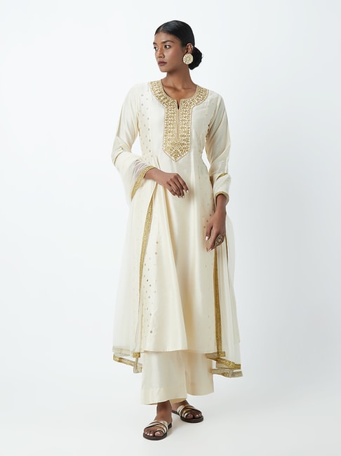 Vark by Westside Light Beige Anarkali, Palazzos and Dupatta Price in India