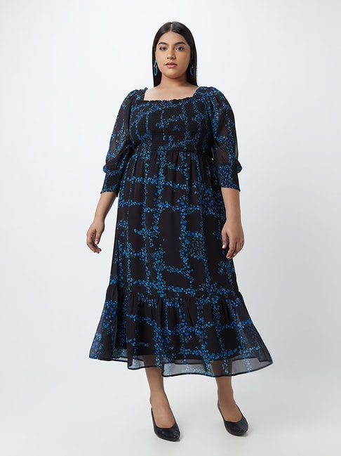 Gia Curves by Westside Blue Floral-Patterned Smocked Dress Price in India