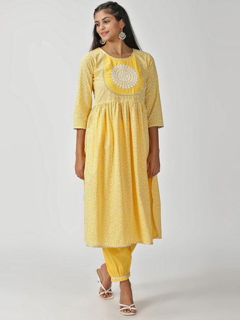 Saffron Threads Yellow Cotton Embroidered Kurta Salwar Set Price in India