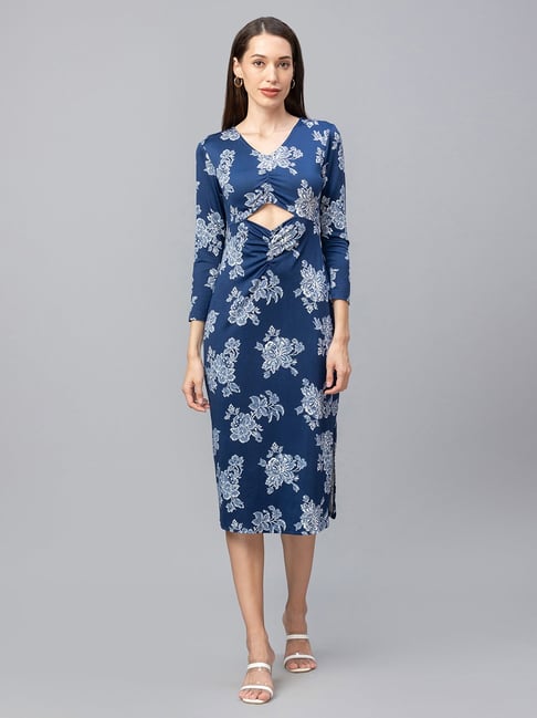 Globus Navy Floral Print A-Line Dress Price in India