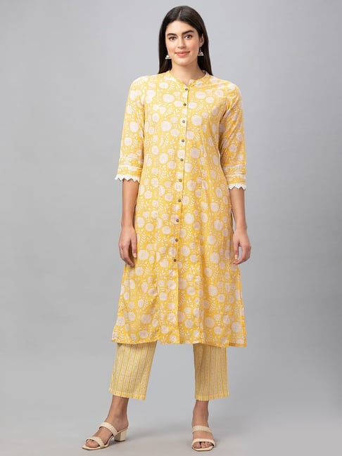 Globus Yellow Cotton Floral Print Kurta Pant Set Price in India