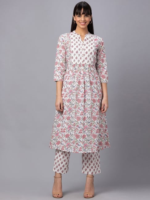 Globus Off-White Cotton Floral Print Kurta Pant Set