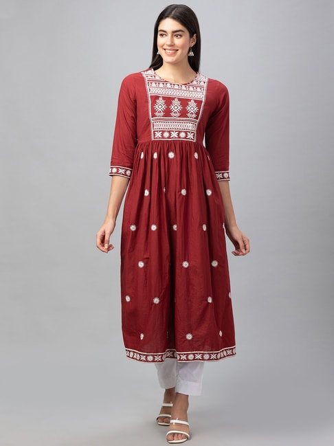 Globus Maroon Cotton Embroidered A Line Kurta Price in India