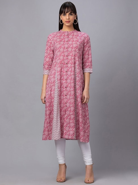 Globus Pink Cotton Floral Print A Line Kurta Price in India