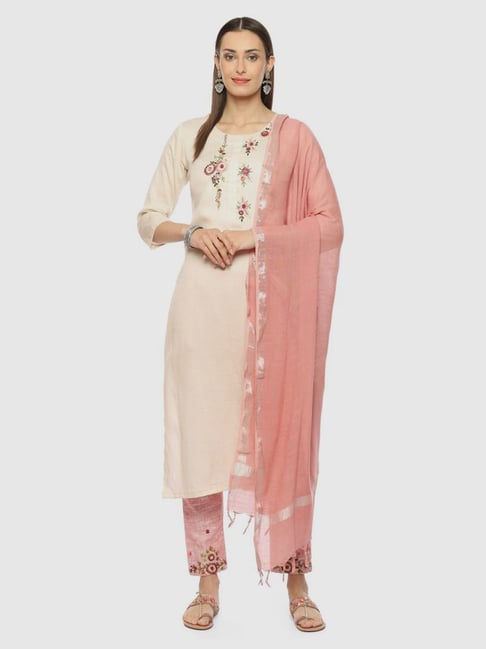 Biba Cream & Pink Cotton Embroidered Unstitched Dress Material With Dupatta