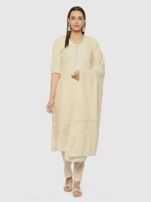 Biba Cream Cotton Embroidered Unstitched Dress Material With Dupatta