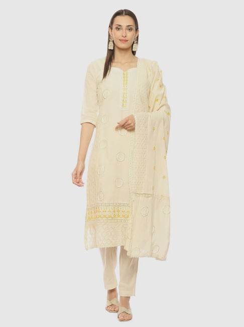 Biba Cream Cotton Embroidered Unstitched Dress Material With Dupatta