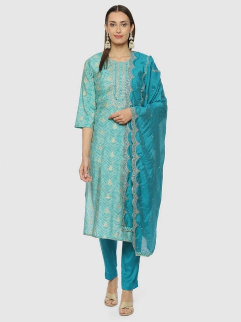 Biba Blue Embroidered Unstitched Dress Material With Dupatta