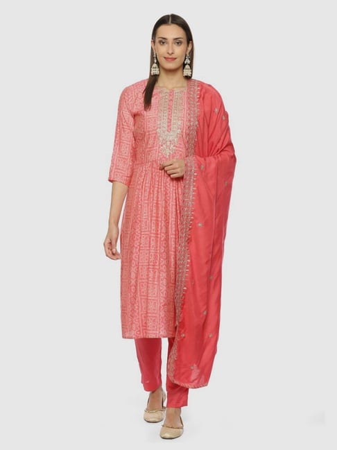 Biba Pink Embroidered Unstitched Dress Material With Dupatta