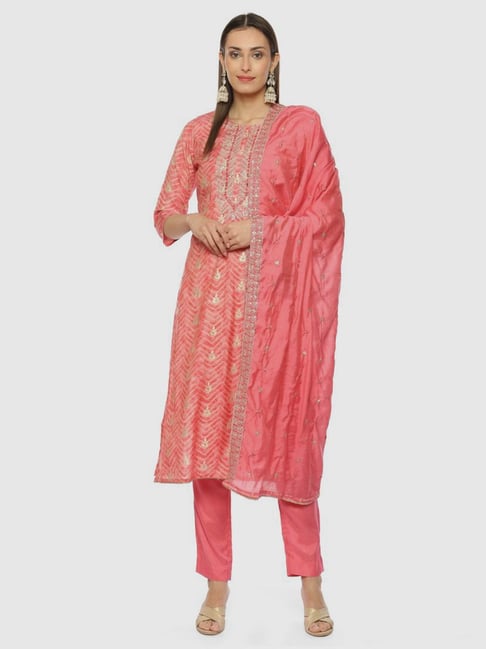 Biba Pink Embroidered Unstitched Dress Material With Dupatta