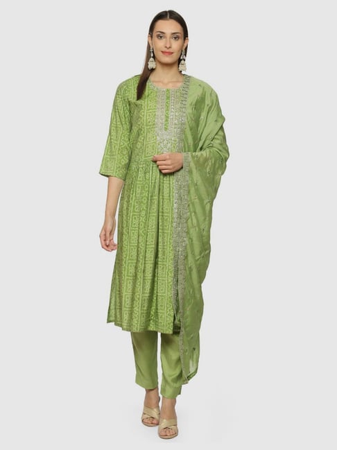 Biba Green Embroidered Unstitched Dress Material With Dupatta