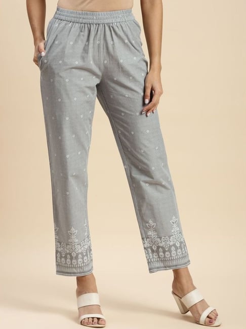 Grey Cotton Embroidered Stretchable Pants