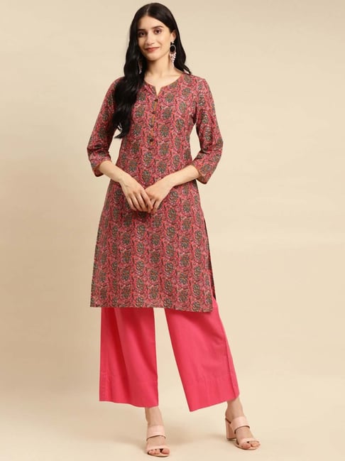 Rangita Pink & Green Cotton Floral Print Straight Kurta Price in India