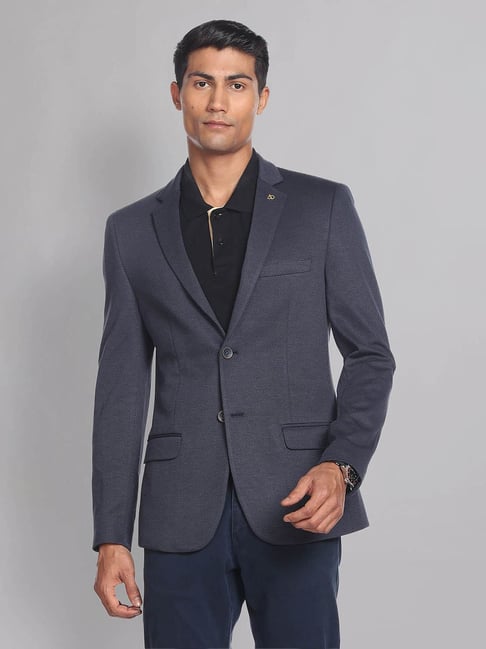 AD by Arvind Navy Slim Fit Self Design Blazer