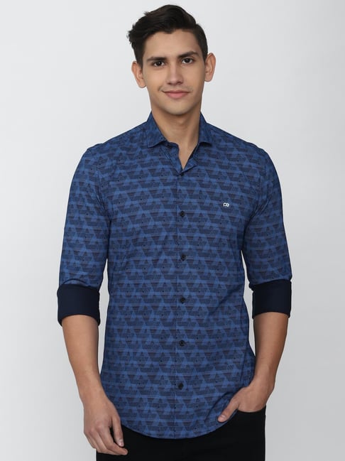 Peter England Casuals Blue Cotton Slim Fit Printed Shirt