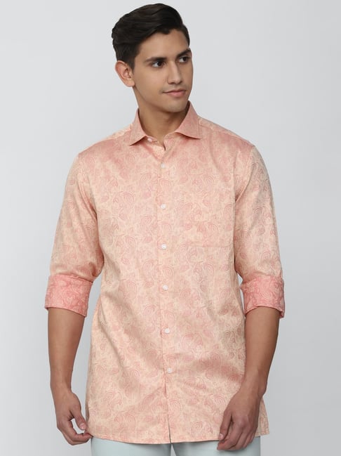 Peter England Elite Peach Cotton Regular Fit Printed Shirt