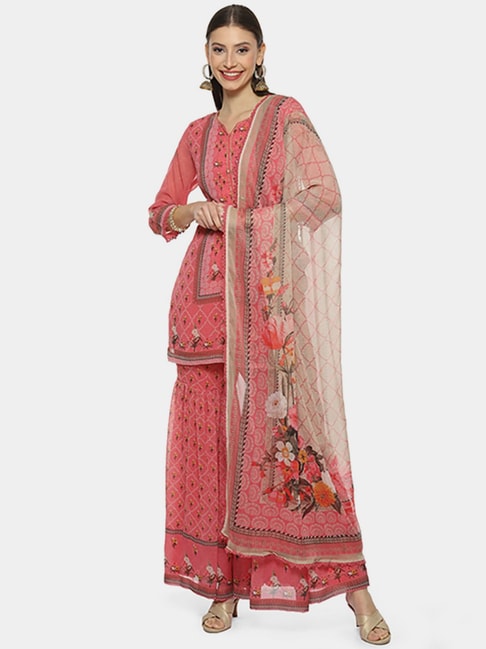 Biba Pink Floral Print Kurti Sharara Set With Dupatta Price in India