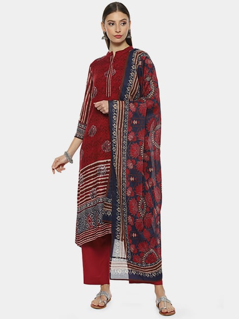 Biba Red & Blue Printed Kurta Palazzo Set With Dupatta