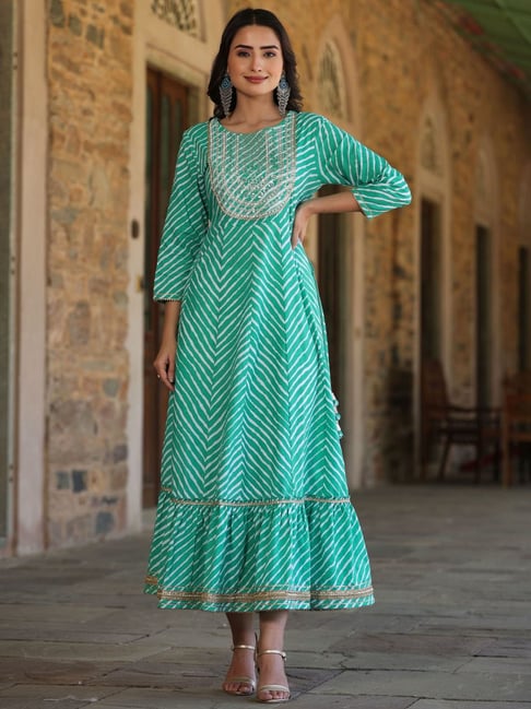 Buy Juniper Green Cotton Embroidered Maxi Dress for Women Online