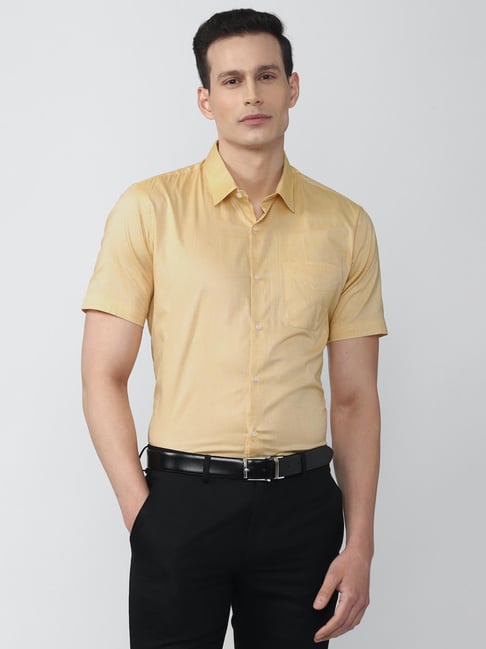 Peter England Yellow Cotton Regular Fit Shirt