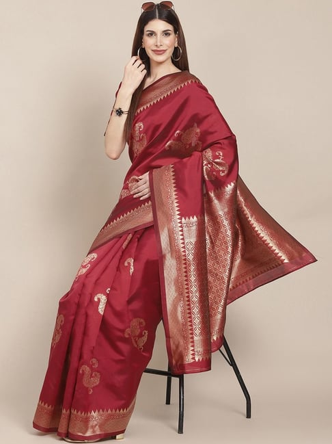 Satrani Maroon Woven Saree With Unstitched Blouse Price in India