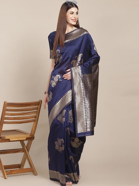 Satrani Navy Woven Saree With Unstitched Blouse Price in India