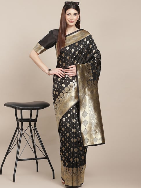 Satrani Black Woven Saree With Unstitched Blouse Price in India