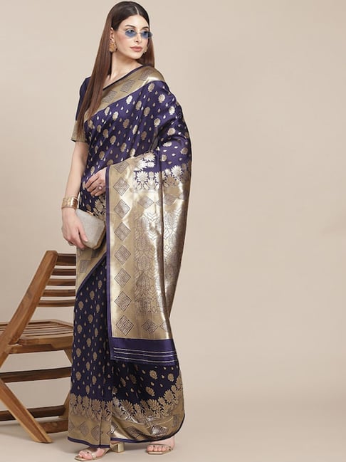 Satrani Navy Woven Saree With Unstitched Blouse Price in India