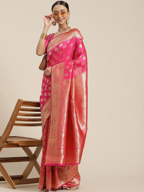 Satrani Pink Woven Saree With Unstitched Blouse Price in India