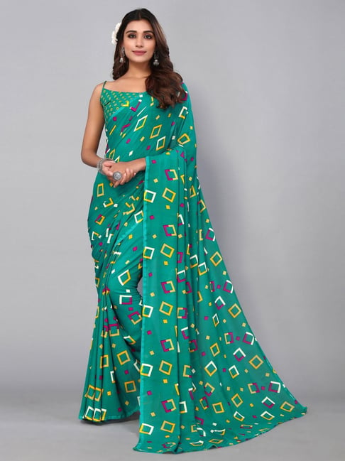 Satrani Green Printed Saree With Unstitched Blouse Price in India