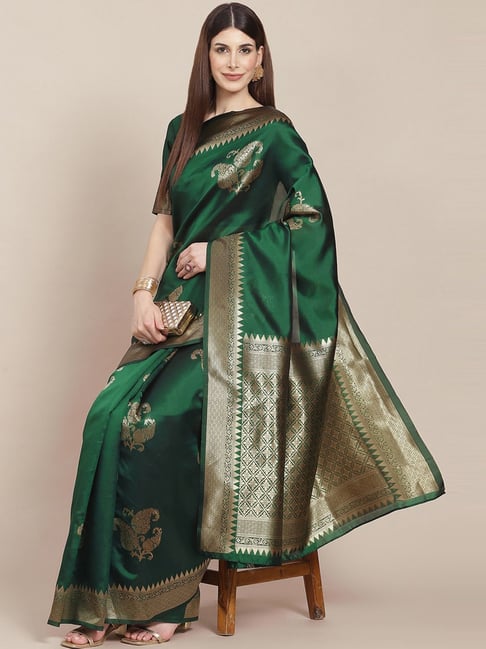 Satrani Green Woven Saree With Unstitched Blouse Price in India