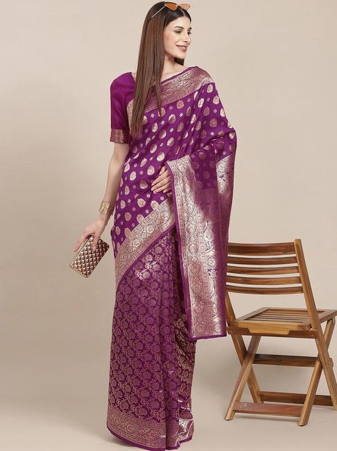 Satrani Purple Woven Saree With Unstitched Blouse Price in India