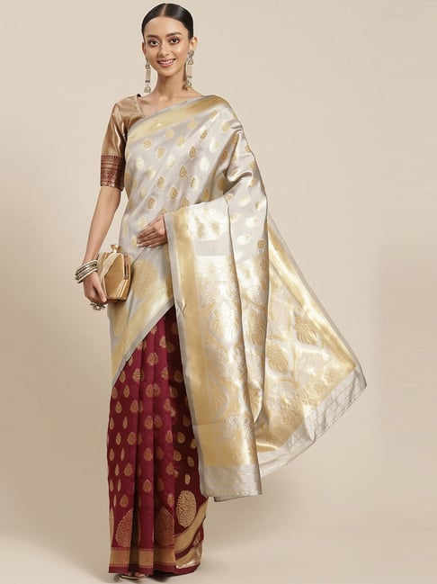 Satrani Maroon & Beige Woven Saree With Unstitched Blouse Price in India