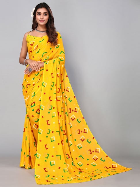 Satrani Yellow Printed Saree With Unstitched Blouse Price in India