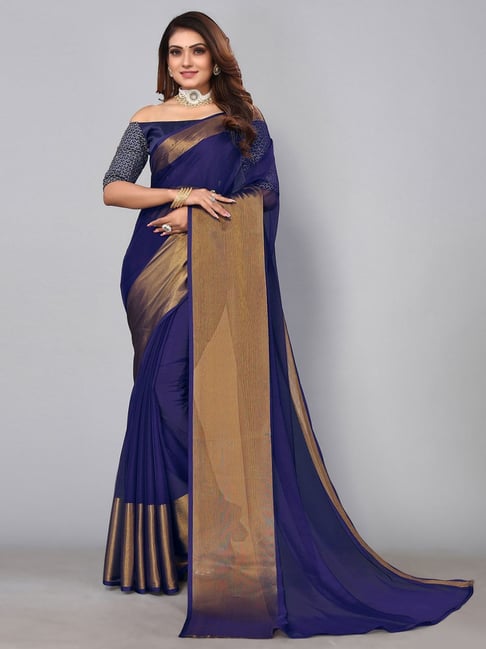 Satrani Navy Woven Saree With Unstitched Blouse Price in India