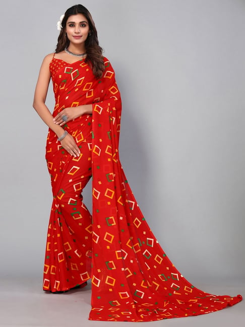 Satrani Red Printed Saree With Unstitched Blouse Price in India