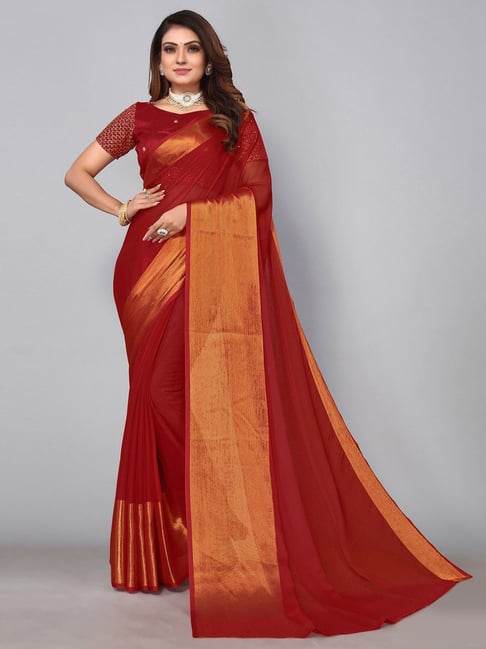 Satrani Maroon Woven Saree With Unstitched Blouse Price in India