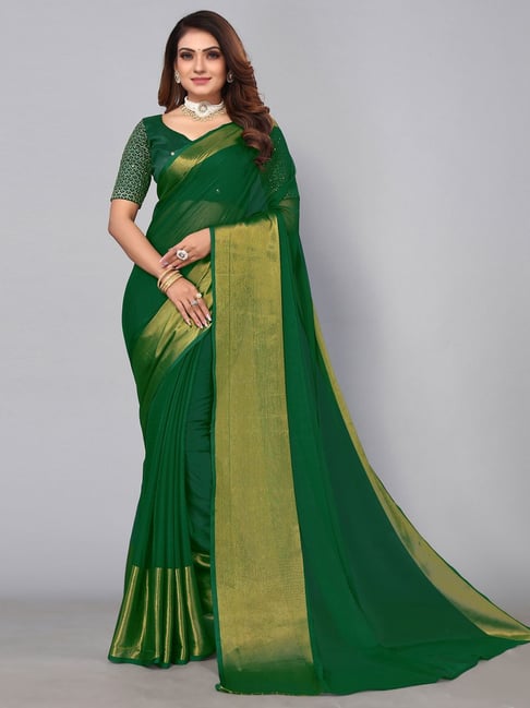 Satrani Green Woven Saree With Unstitched Blouse Price in India