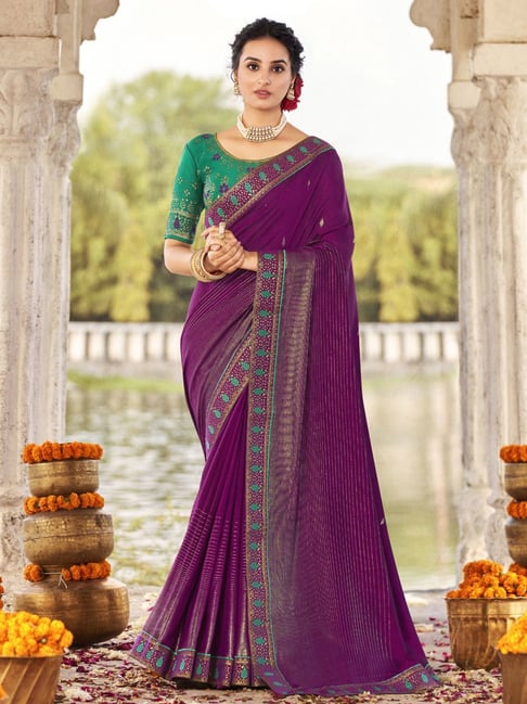 Satrani Purple Printed Saree With Unstitched Blouse Price in India