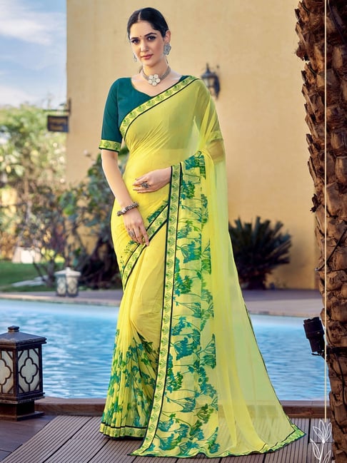 Satrani Yellow Printed Saree With Unstitched Blouse Price in India