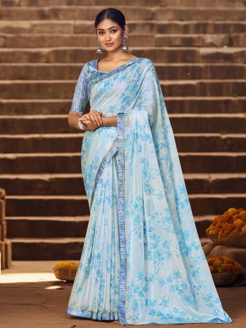 Satrani Blue Printed Saree With Unstitched Blouse Price in India