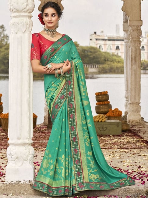 Satrani Green Printed Saree With Unstitched Blouse Price in India