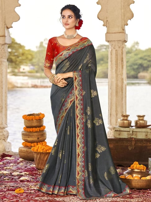 Satrani Grey Printed Saree With Unstitched Blouse Price in India