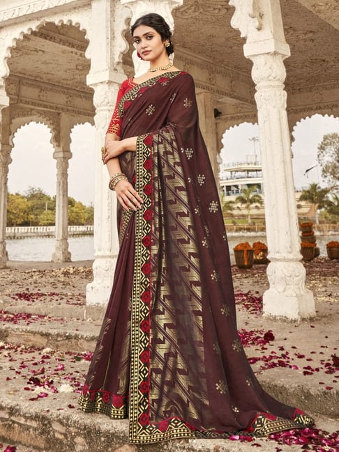 Satrani Brown Printed Saree With Unstitched Blouse Price in India