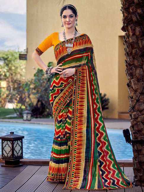 Satrani Multicolored Printed Saree With Unstitched Blouse Price in India