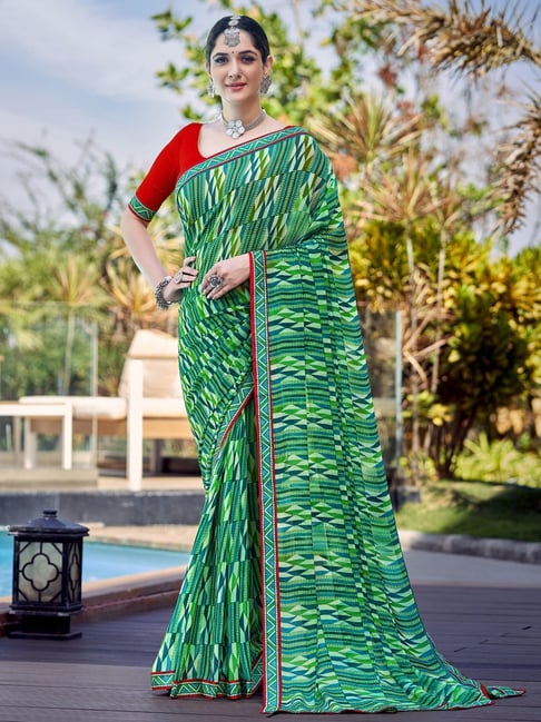 Satrani Green Printed Saree With Unstitched Blouse Price in India