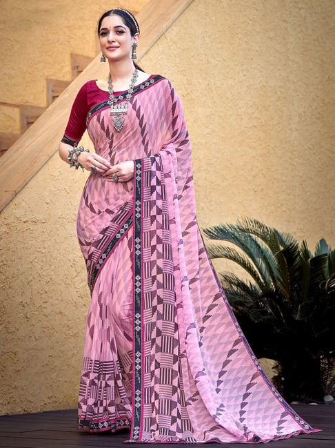 Satrani Purple Printed Saree With Unstitched Blouse Price in India