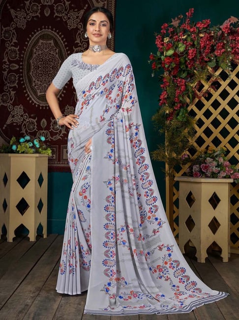 Satrani Grey Printed Saree With Unstitched Blouse Price in India